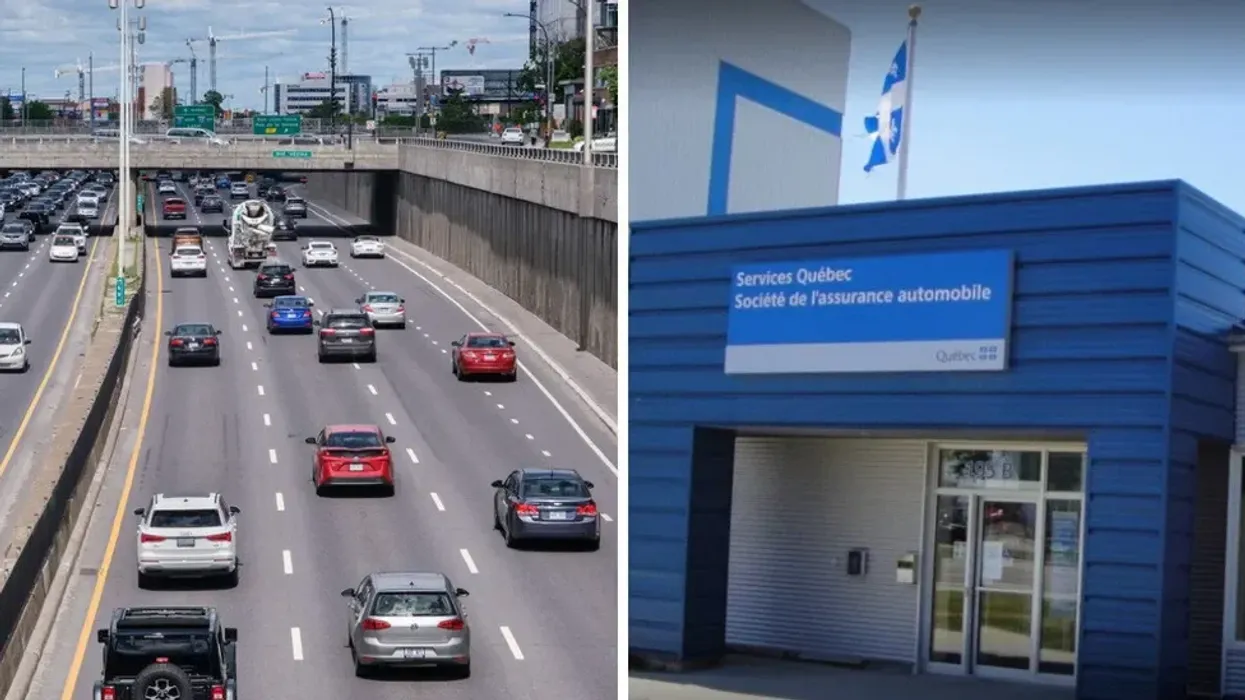 Des voitures qui roulent sur l'autoroute vue de haut. Droite : La façade d'une succursale de la SAAQ.