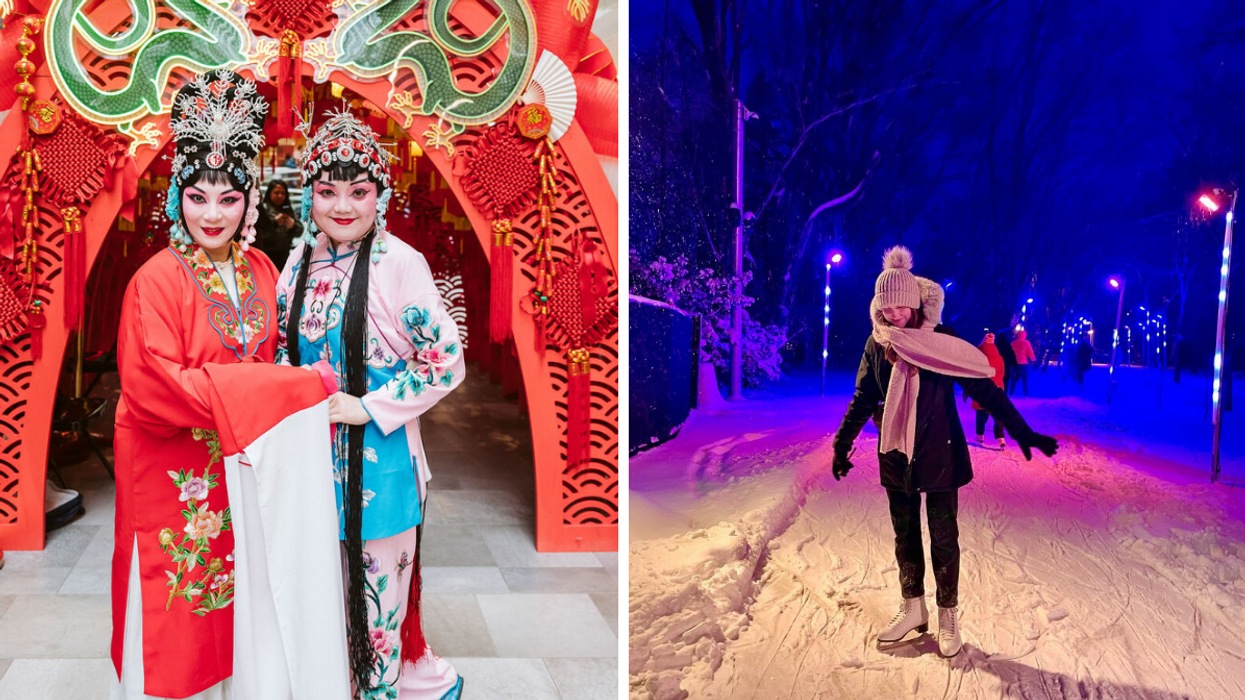 Deux artistes aux célébrations du Nouvel An lunaire au Centre Eaton de Montréal. Droite : Une personne qui patine au sentier du parc Jean-Drapeau.