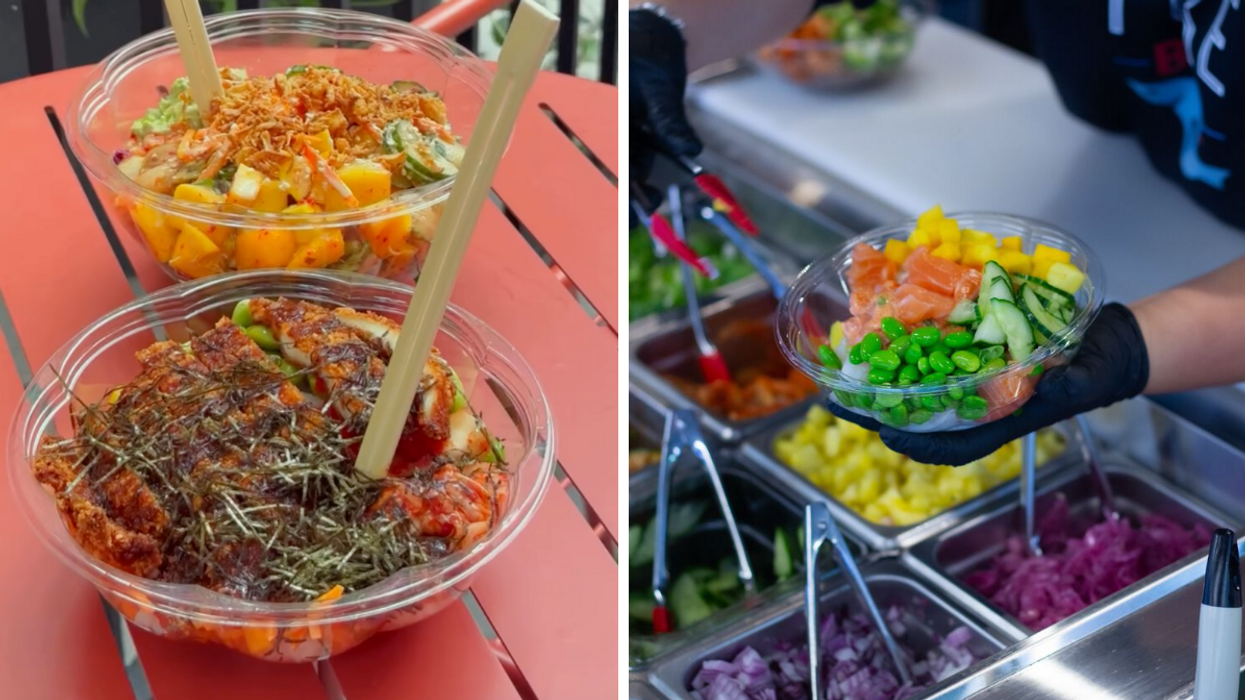 Deux bols poké. Droite : Un bol poké fait sur mesure.