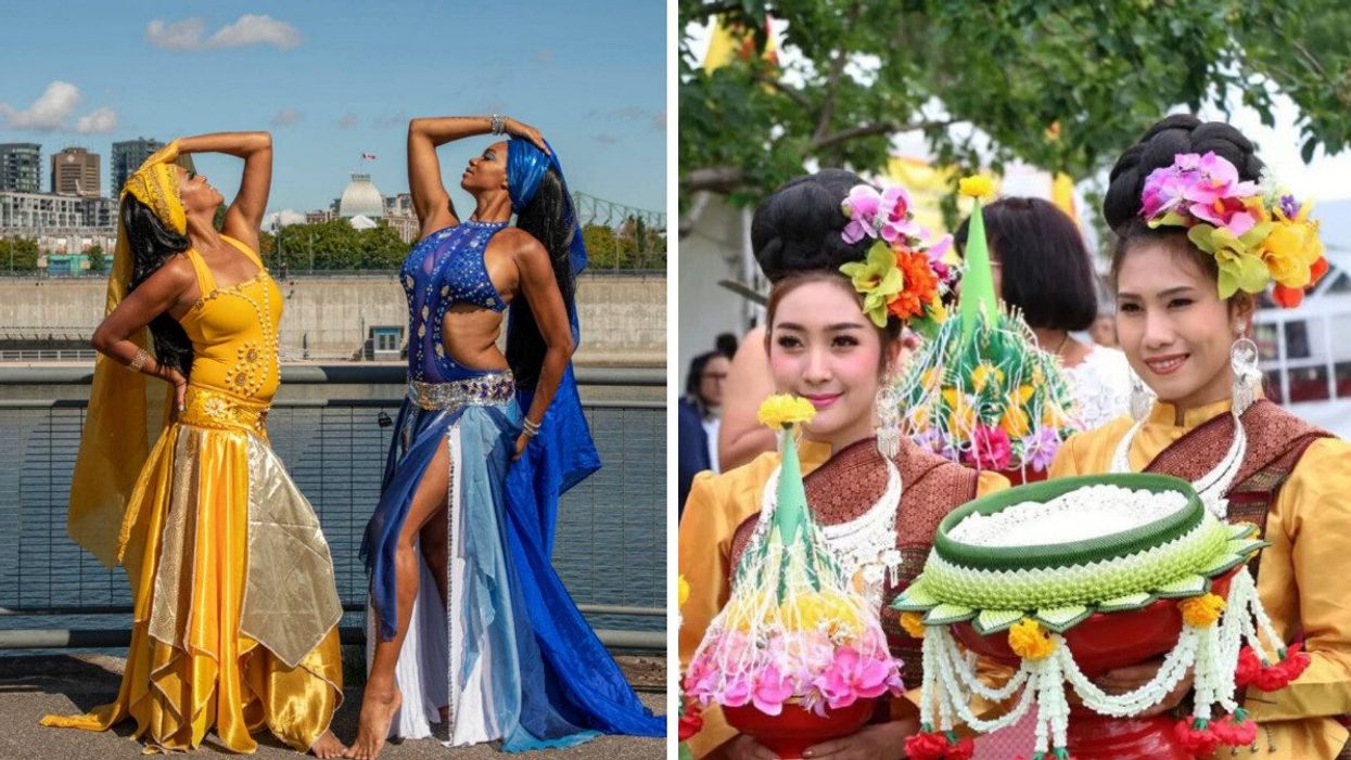 Deux danseuses de l'école Ana Danse dans le Vieux-Port de Montréal. Droite : Le festival Orientalys.