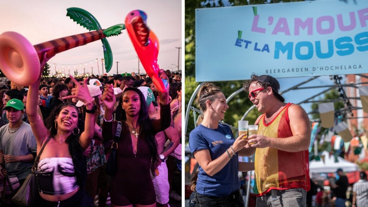 Deux femmes à Pied du Courant. Droite : Deux personnes au beergarden en ville L'amour et la Mousse.