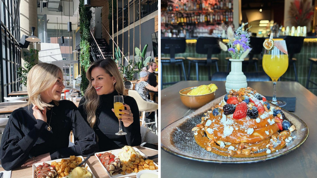 Deux femmes au Ginkgo pour le brunch à Montréal. Droite : Boozy brunch au Piel Canela à Montréal.
