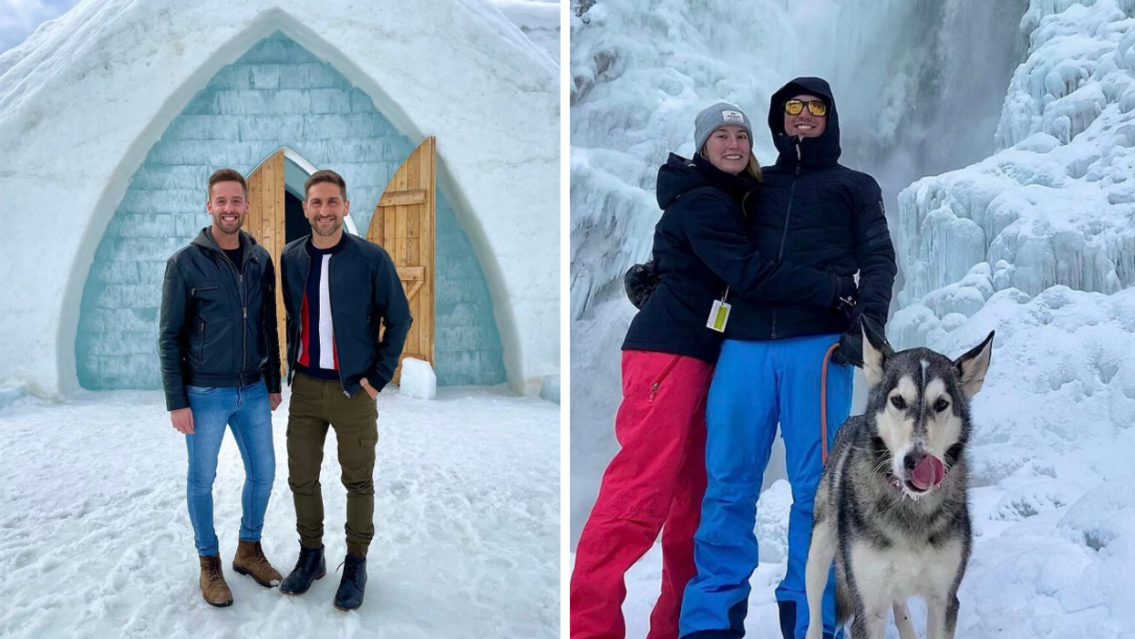 Deux hommes devant l'Hôtel de Glace de Québec. Un homme et une femme devant la chute Jean-Larose.