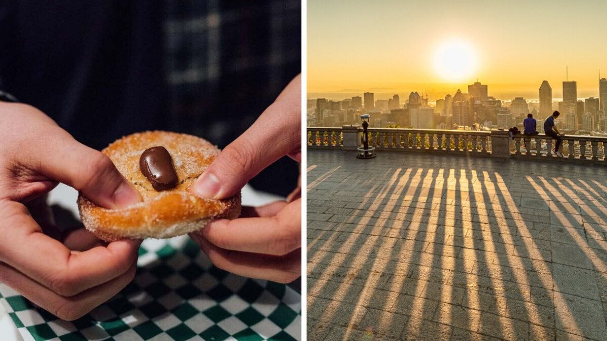 Deux mains séparant un bombolone au Nutella sur une serviette à carreaux verts et blancs. A droite : Le soleil se lève sur le fleuve Saint-Laurent et l'horizon de Montréal.