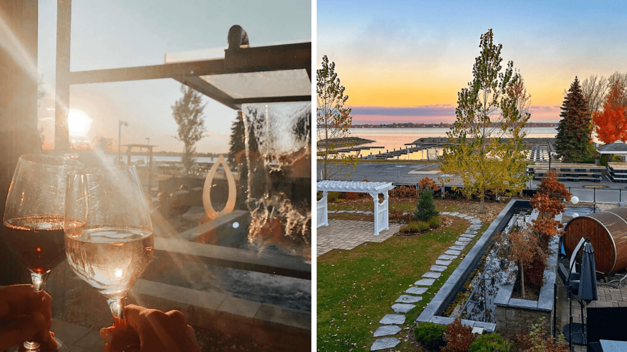 Deux mains trinquant des verres de vin. Droite : Le O Spa Nordique à Sorel-Tracy.
