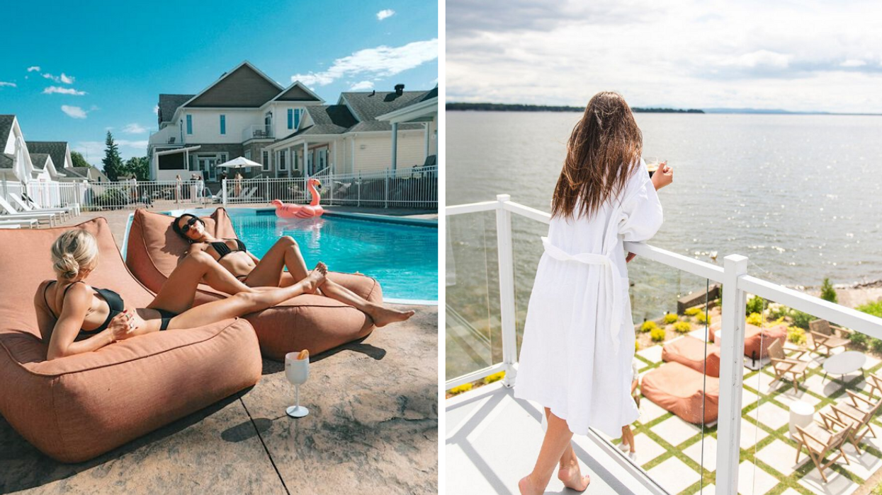 Deux personne au bord d'une piscine. Droite : Une personne sur un balcon devant un lac.