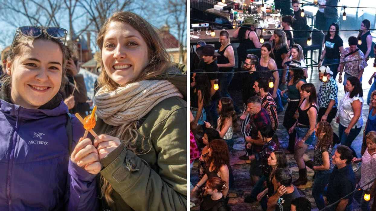 Deux personne avec des bâtons de tire d'érable. Droite : Des gens qui font de la danse en ligne country.
