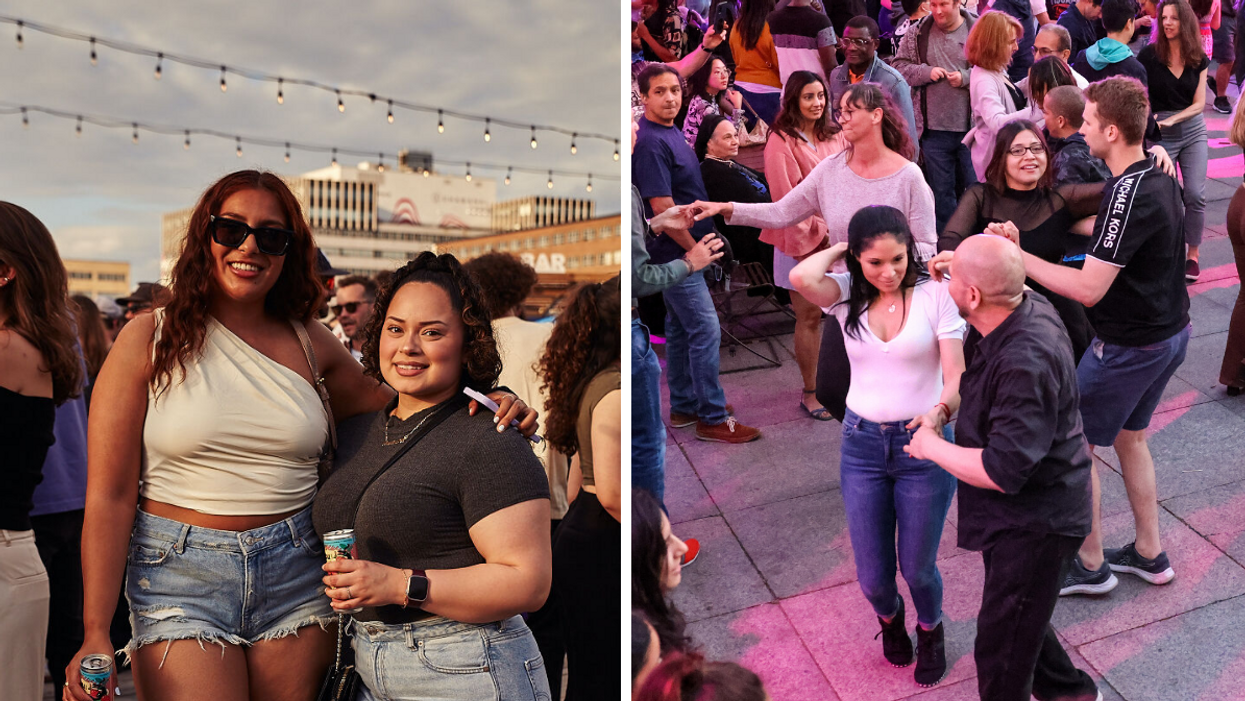 Deux personnes à l'Aire commune. Droite : Des duos dansant la salsa.