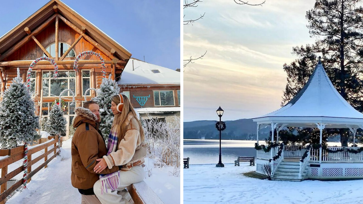 Deux personnes à l'Auberge du Lac Taureau. Droite : Une belvédère à North Hatley.