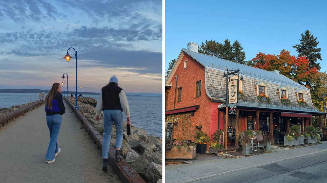 Deux personnes au bord de l'eau à Baie-Saint-Paul. Droite : Un café de Baie-Saint-Paul.