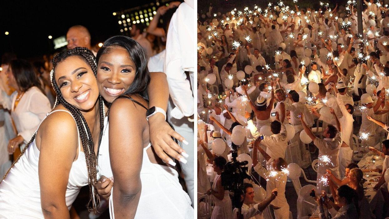 Deux personnes au Diner en Blanc à Montréal. Droite : Le party du Diner en Blanc à Montréal.