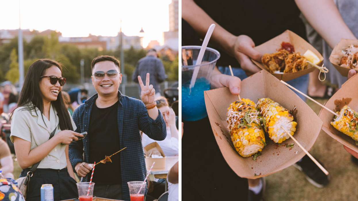 Deux personnes au festival. Droite : Plats. 