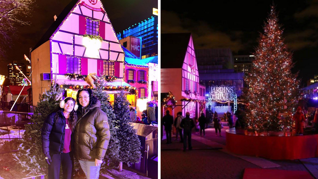 Deux personnes au Grand Marché de Noël. Droite : Le Grand Marché de Noël à Montréal.