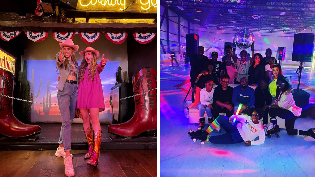 Deux personnes au Spaghetti Western. Droite : Un groupe au Roller Disco Montreal.