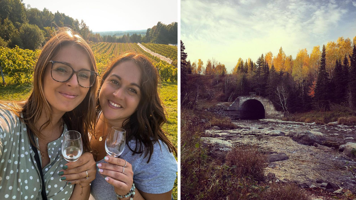 Deux personnes au vignoble du Domaine des Côtes d'Ardoise. Droite : Le parc des chutes d’Armagh.
