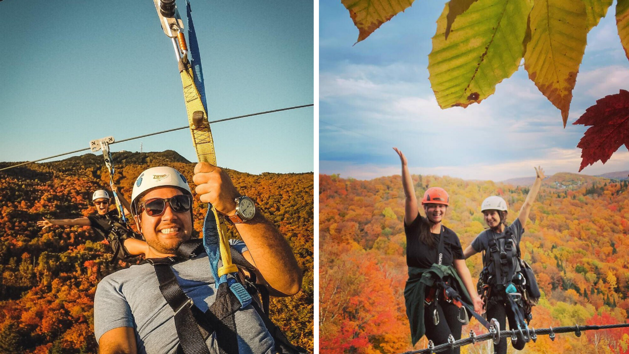 Deux personnes au Ziptrek Tremblant. Droite : Deux personnes au Tyroparc.