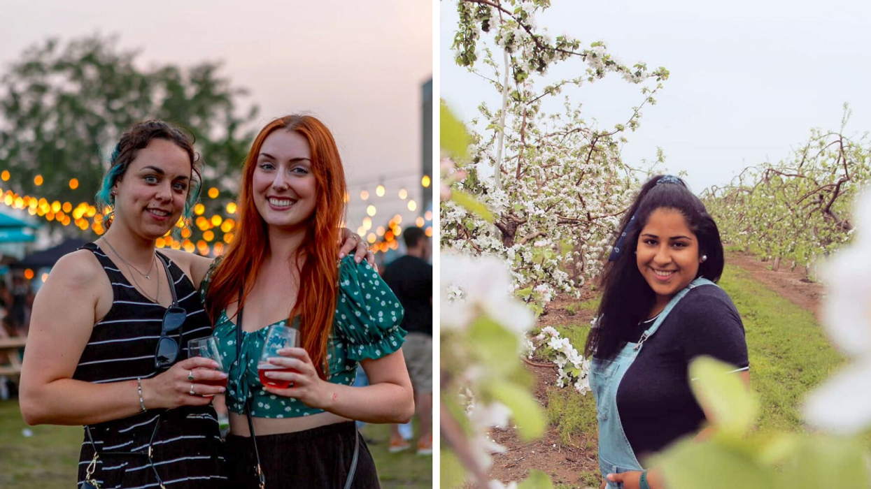 Deux personnes avec des cidres en main. Droite : Une personne à la Cidrerie Verger Bilodeau.