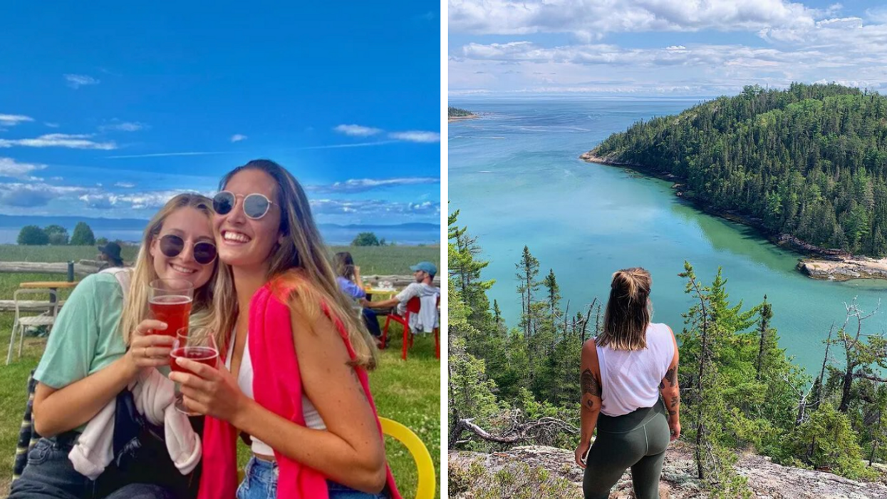 Deux personnes avec un verre à la main à Kamouraska. Droite : Une personne devant le fleuve à Baie-des-Rochers.