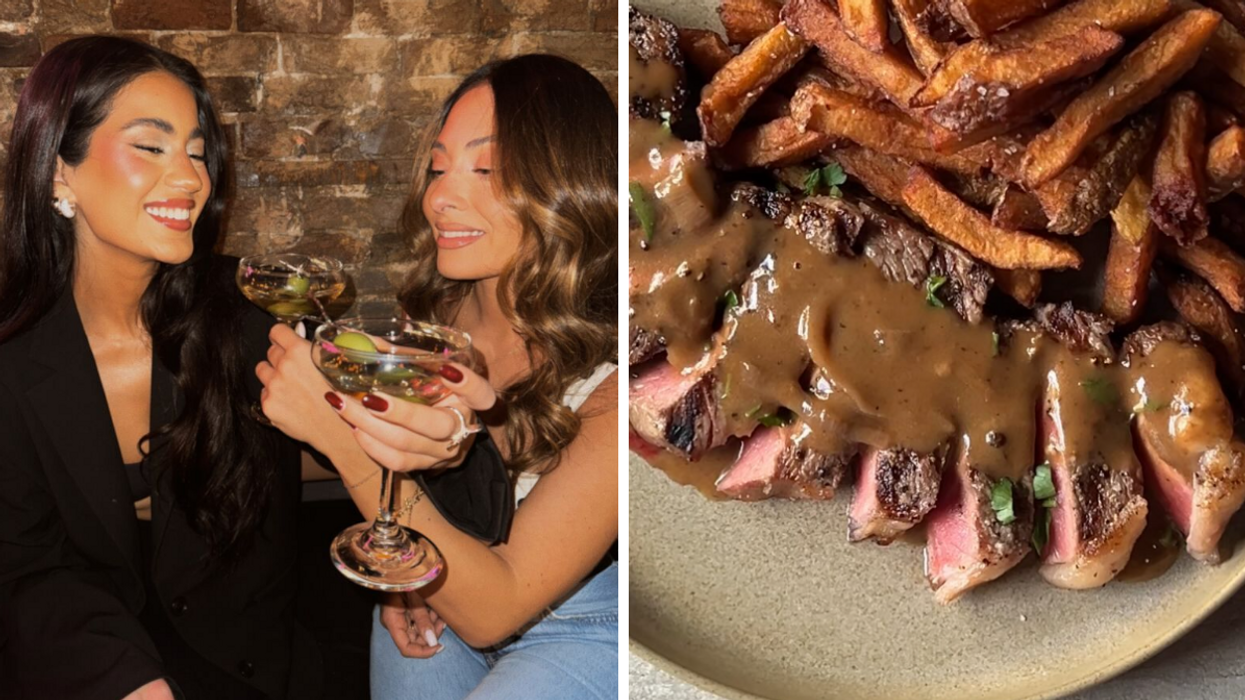 Deux personnes dans un restaurant du Vieux-Montréal. Droite : Une assiette de steak-frites.