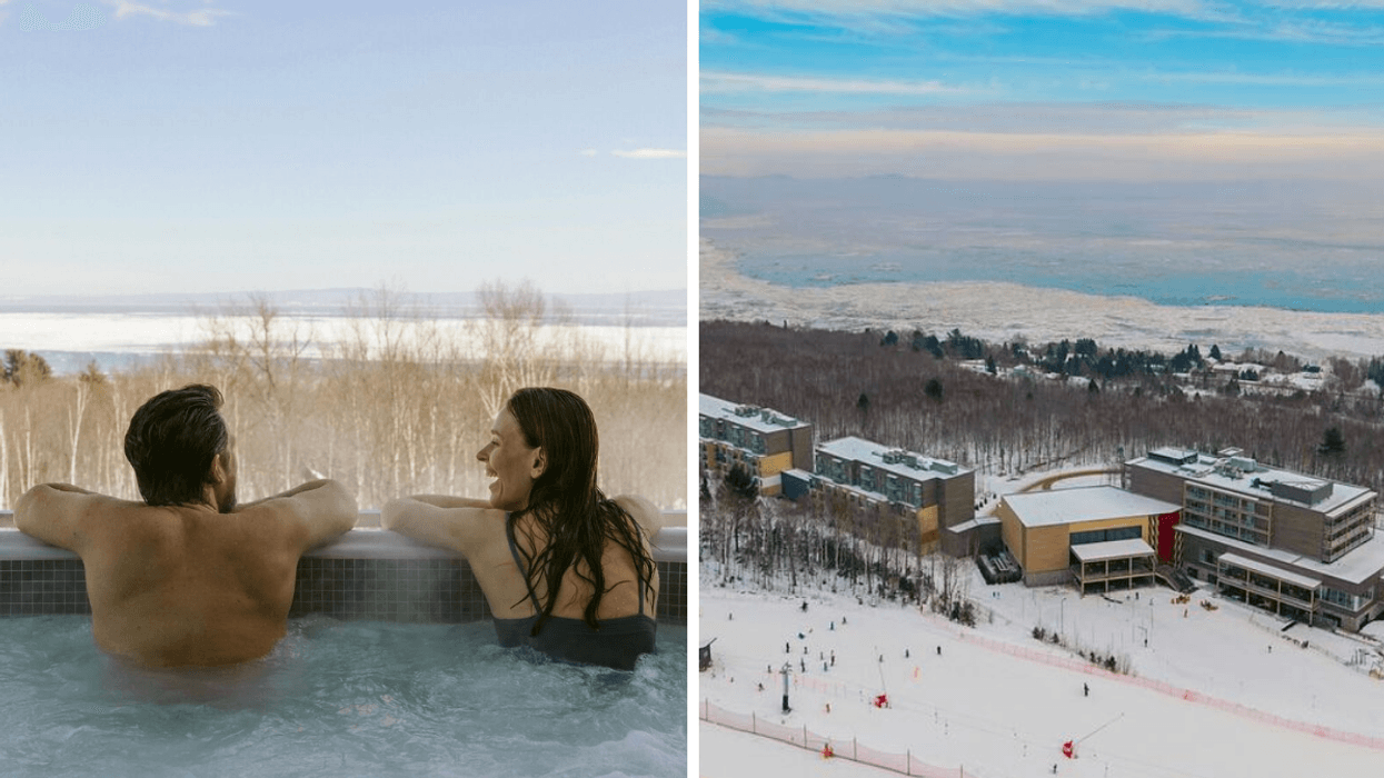 Deux personnes dans un spa. Droite : Le Club Med Charlevoix en hiver.