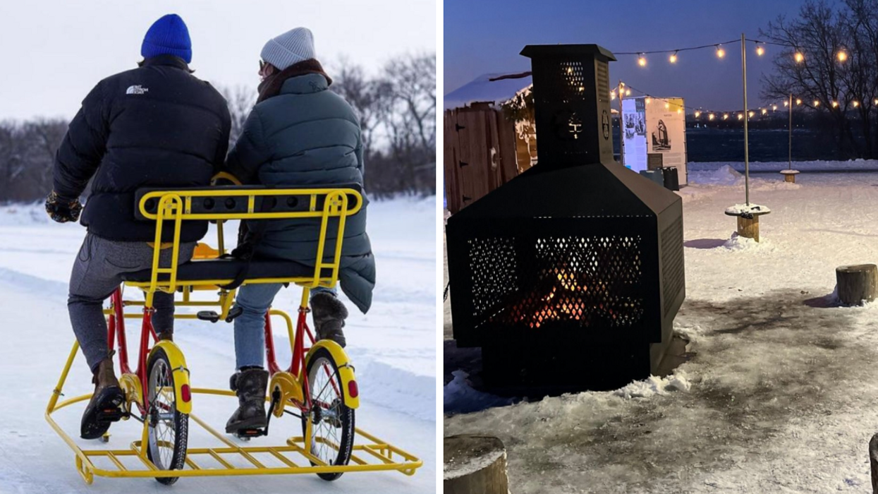 Deux personnes de dos sur un vélo de neige. Droite : Un foyer extérieur dans un parc sur la Rive-Sud de Montréal.