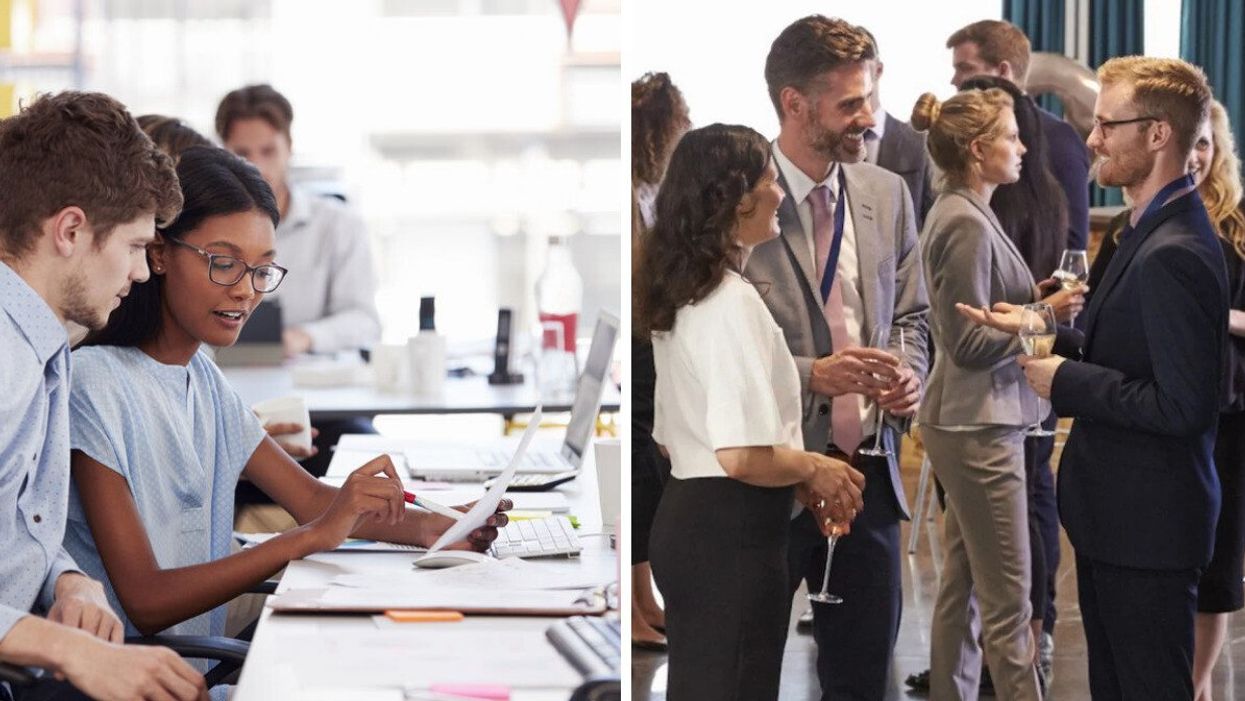 Deux personnes discutent d'un document devant des ordinateurs. Droite : des personnes entrain de parler avec un verre de vin à la main.