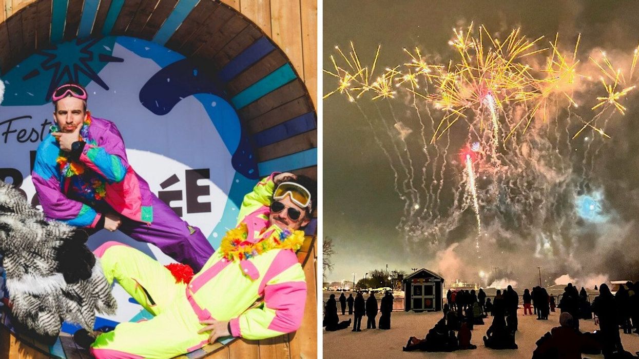 Deux personnes en habit de neige au festival La Bordée. Droite : Des feux d'artifice en plein hiver au Centre de la nature de Laval.