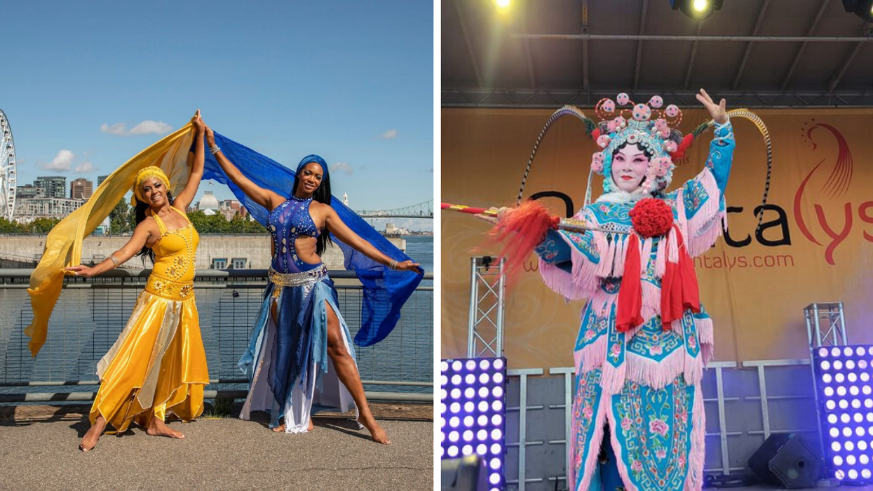 Deux personnes en habit traditionnel au Festival Orientalys. Droite : Une personne en habit traditionnel sur scène.