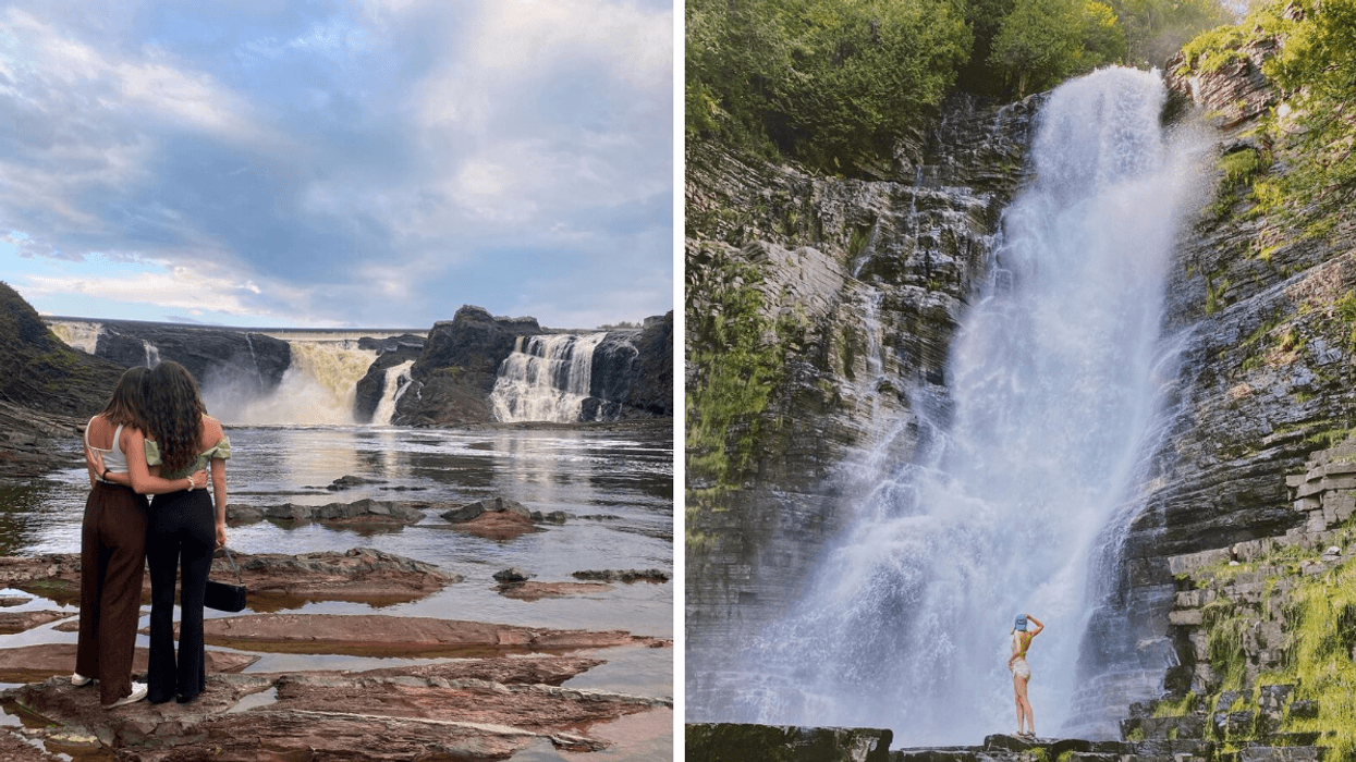 Deux personnes enlacées devant les chutes de la Chaudière. Droite : une personne debout devant la chute Jean-Larose.