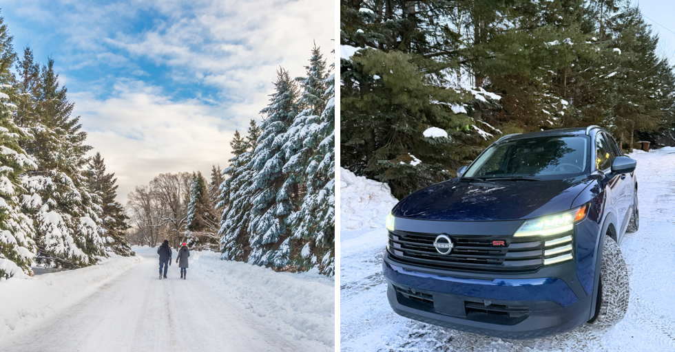 Deux personnes marchant sur une route enneig\u00e9e. Droite : Le Nissan KICKS.