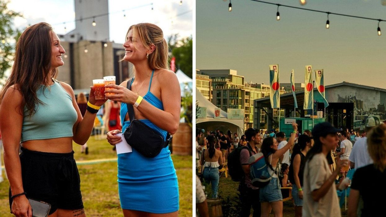 Deux personnes qui trinquent au festival Soif de cidre. Droite : Le festival Soif de cidre au bord du Canal-de-Lachine.