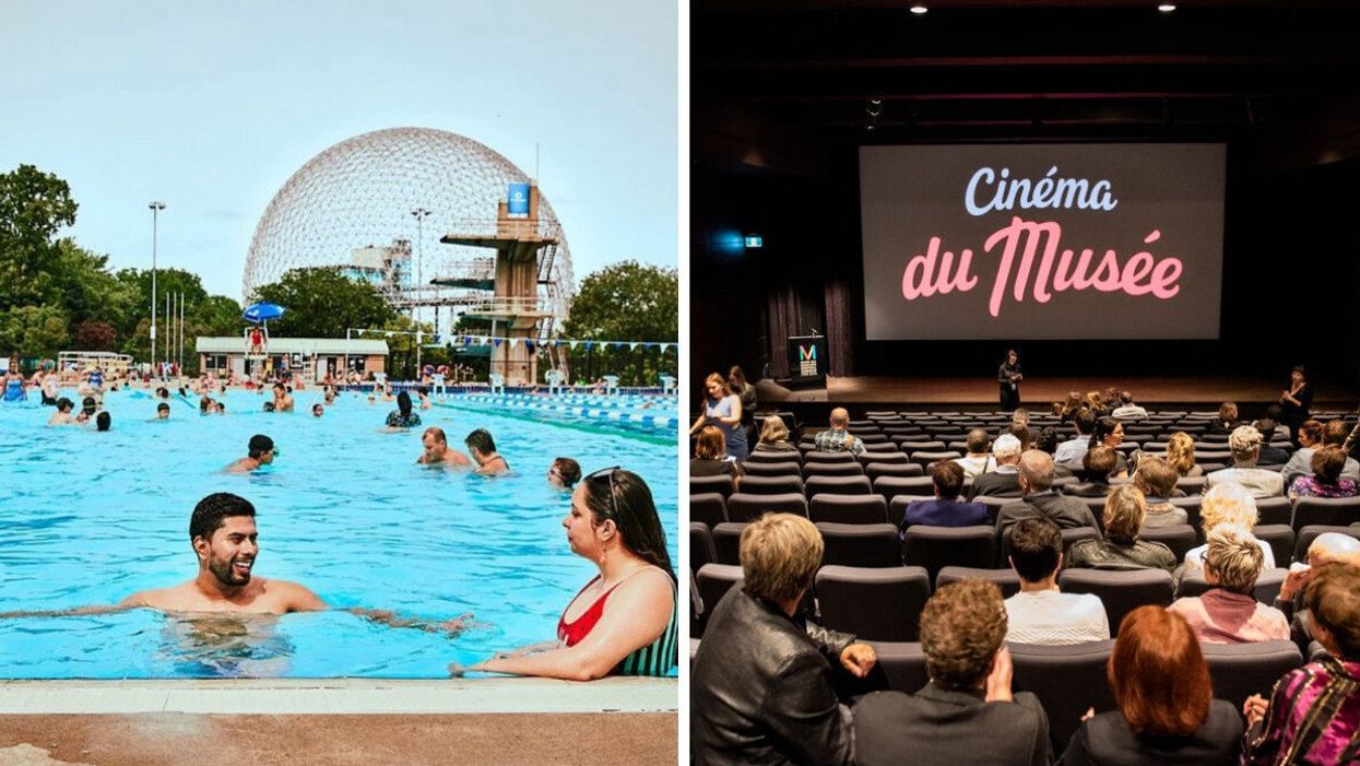 Deux personnes sont dans une piscine publique devant la Biosphère au Parc Jean-Drapeau à Montréal. Droite : Des personnes sont assises au Cinéma du Musée à Montréal.