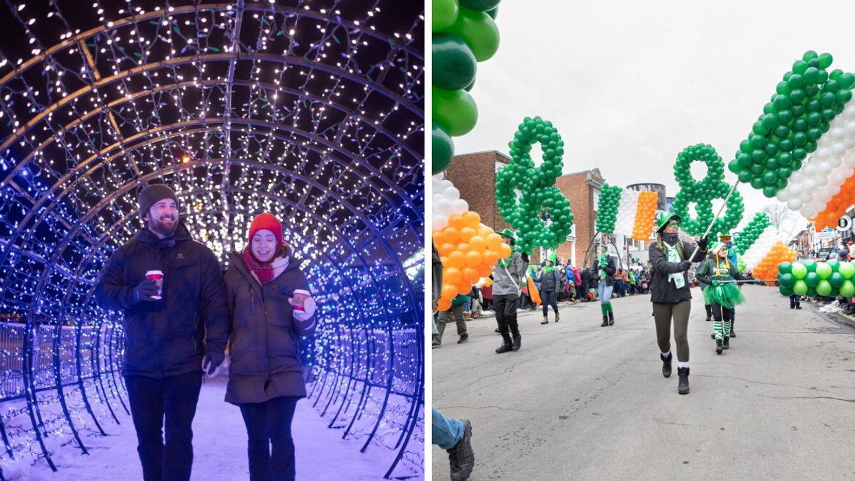 Deux personnes sous le tunnel illuminé du Quai Paquet de Lévis. Droite : Le Défilé de la Saint-Patrick à Québec.