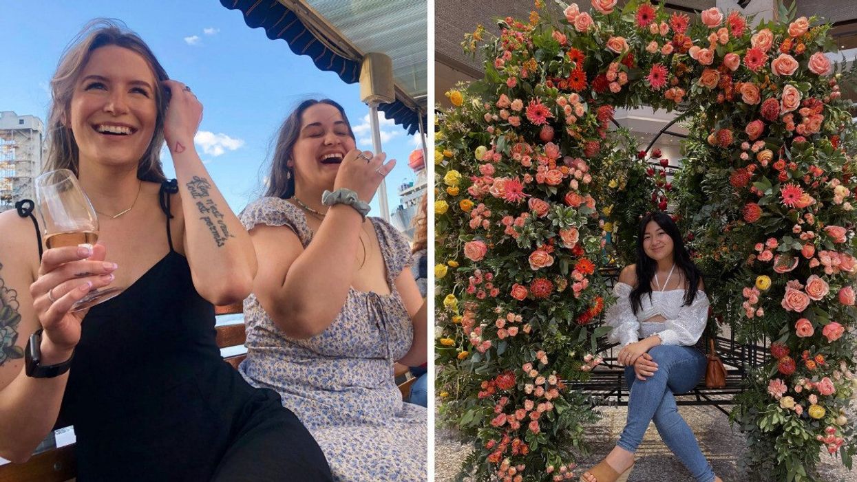 Deux personnes sur Le Petit Navire à Montréal. Droite : Une personne à l'exposition Fleurs en Villes.