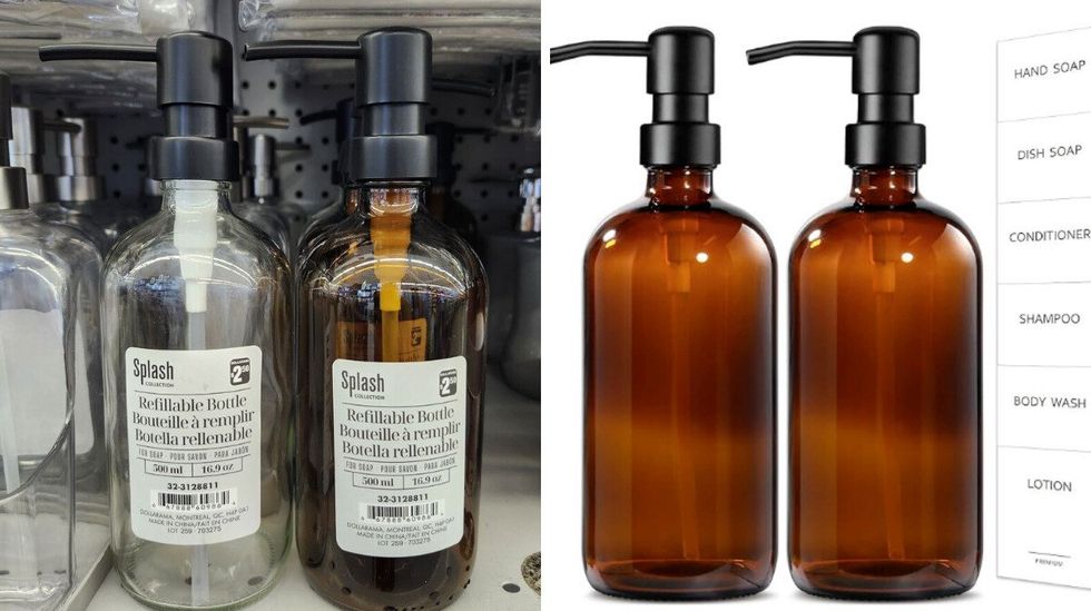 Deux pompes \u00e0 savon sur une tablette. Droite : deux pompes \u00e0 savon en verre ambr\u00e9 avec \u00e9tiquettes.