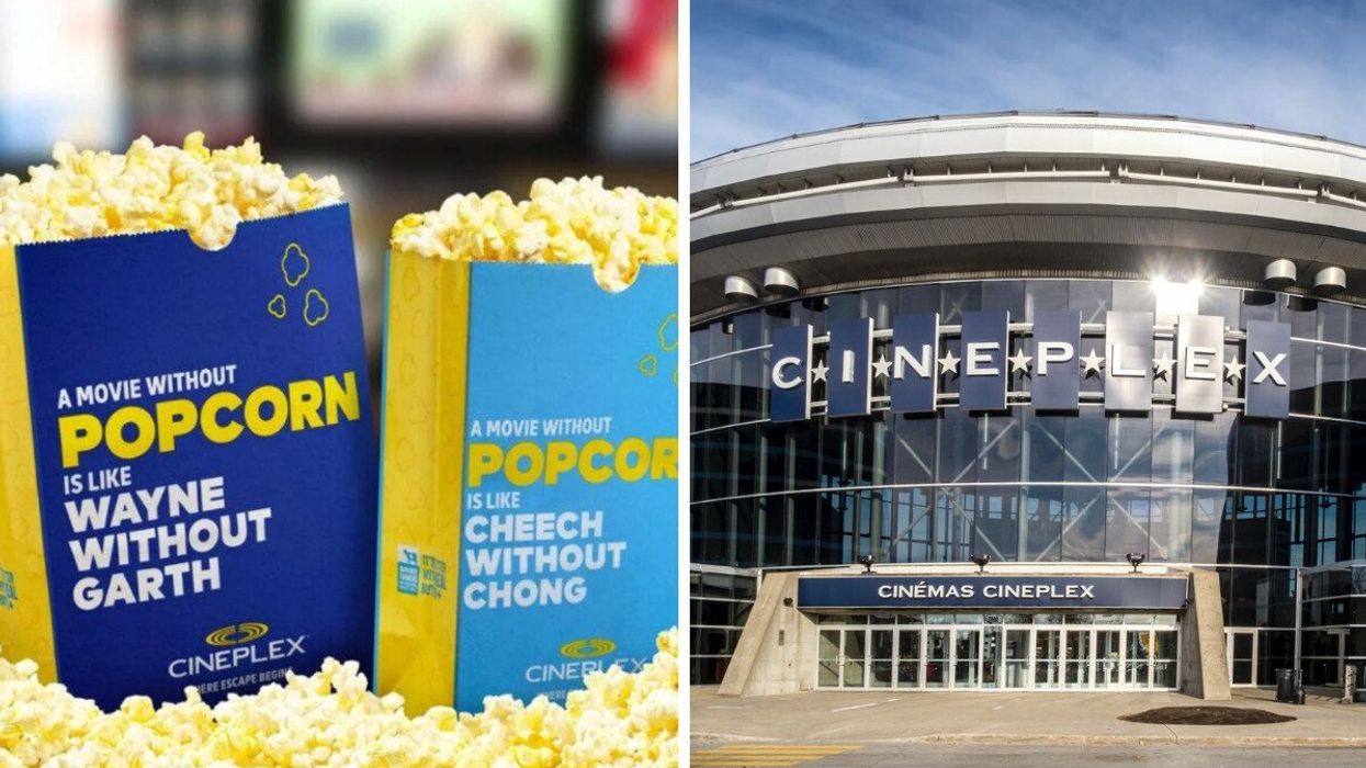 Deux popcorns du Cineplex sur une pile de popcorn. Droite : Cineplex Laval au Centropolis.
