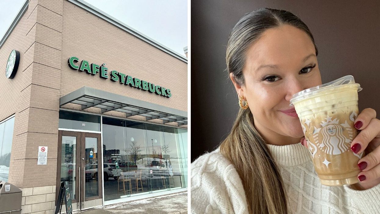 Devanture d'un café Starbucks. Droite : Izabelle Bee avec un café glacé garni de mousse dorée dans les mains.