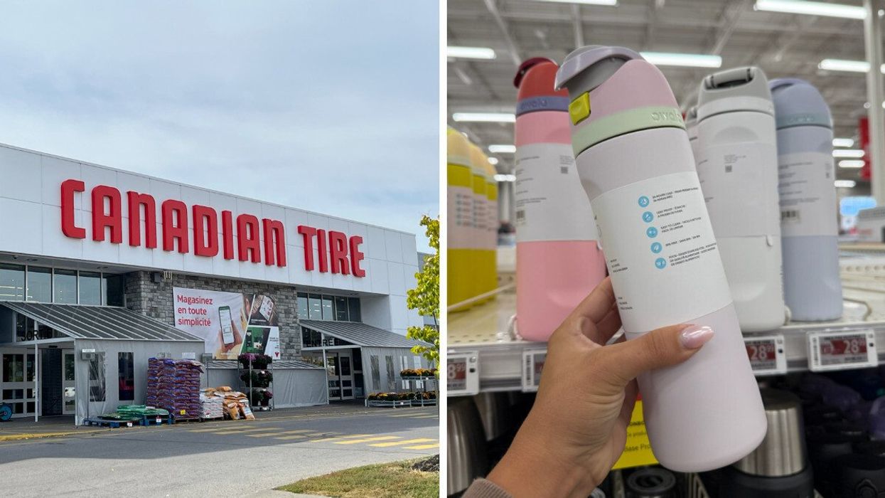 Devanture d'un Canadian Tire. Droite : Bouteille d'eau portative isotherme en acier inoxydable Owala FreeSip.