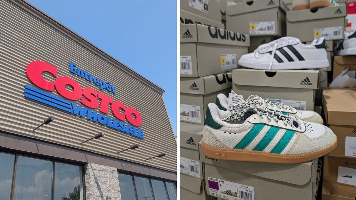 Devanture d'un Costco. Droite : espadrilles Adidas dans le rayon mode au Costco.