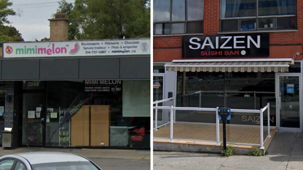 Devanture de l'épicerie Mimimelon à Montréal. Droite : Devanture du Saizen Sushi Bar, à Montréal.