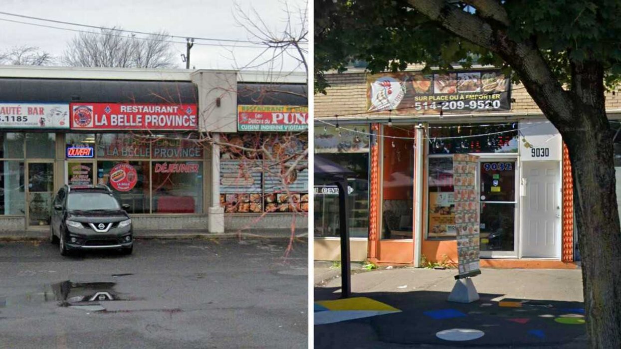 Devanture de La Belle Province à Montréal. Droite : Devanture du restaurant Les Grillades de Steeve à Montréal.