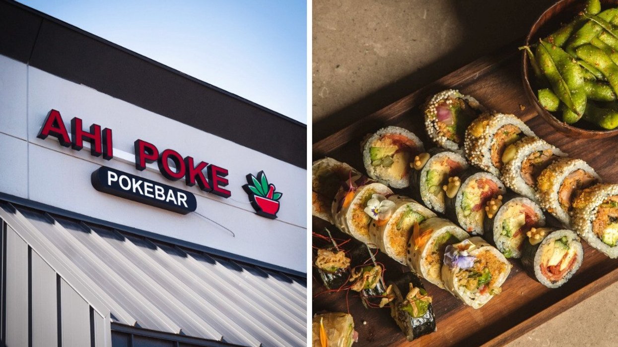 Devanture du Ahi Poke à Montréal. Droite : Sushis variés.