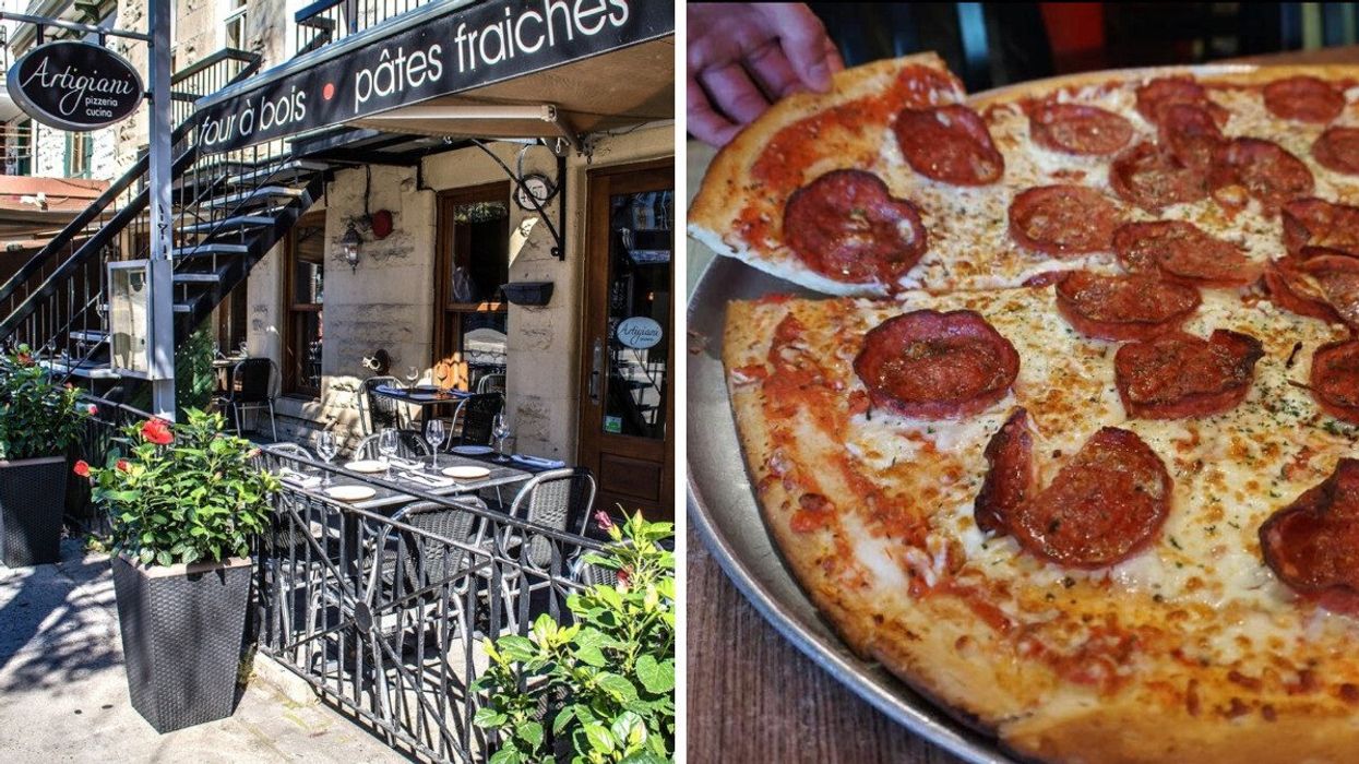 Devanture du Artigiani Pizzeria + Cucina. Droite : Une pizza aux pepperonis.