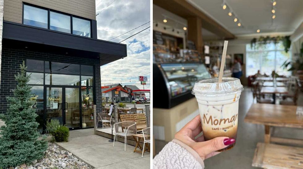 Devanture du caf\u00e9 buvette Sign\u00e9 Moman. Droite : Un caf\u00e9 glac\u00e9 au Sign\u00e9 Moman.