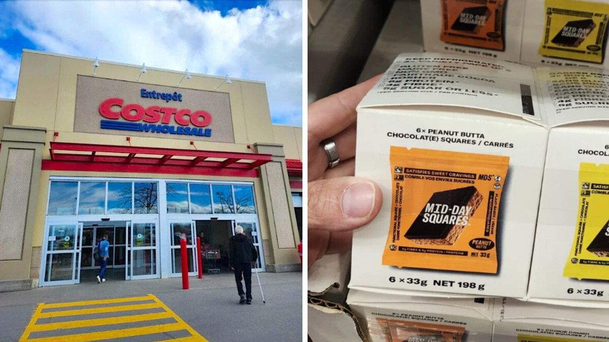 Devanture du Costco. Droite : Une main tient une boîte de Mid-Day Squares.