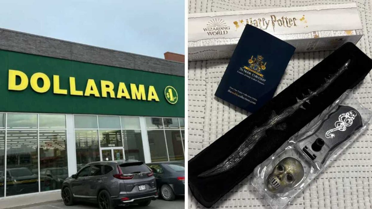 Devanture du Dollarama. Droite : Baguette mystère de la collection Harry Potter vendue au Dollarama.