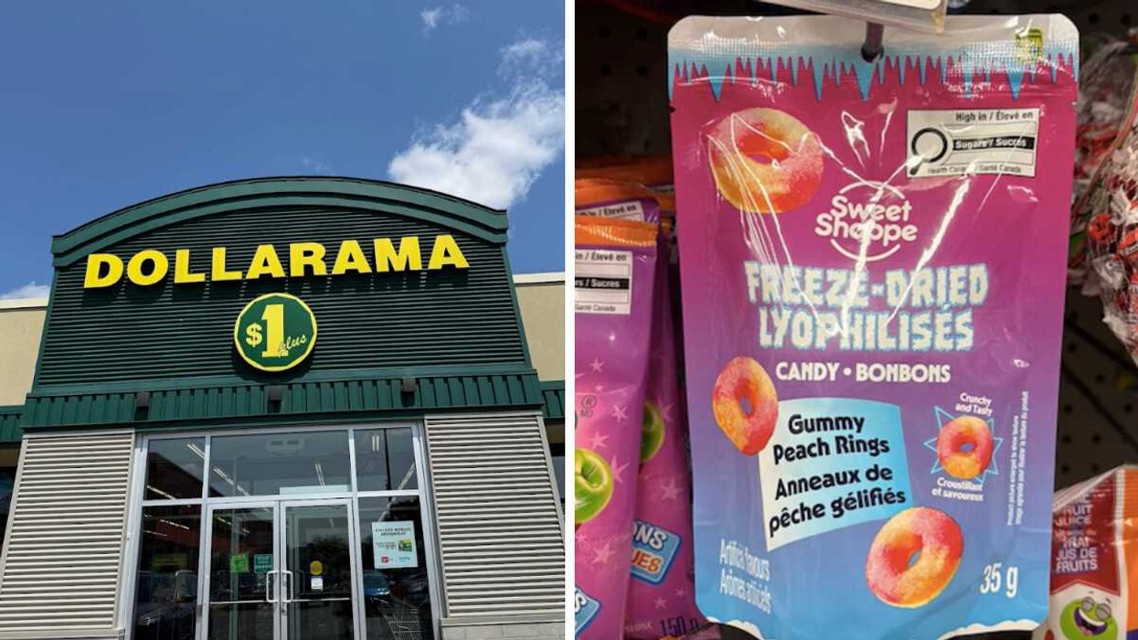 Devanture du Dollarama. Droite : des bonbons lyophylisés vendus au Dollarama.
