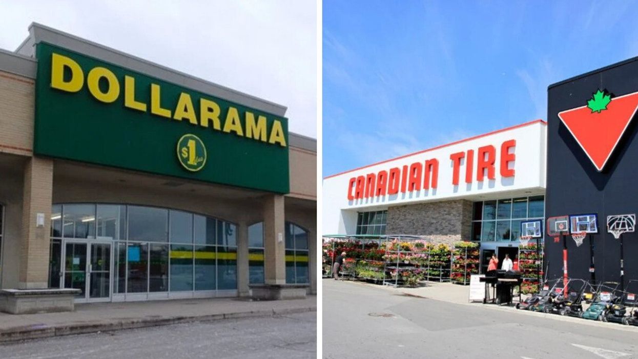 Devanture du Dollarama. Droite : Devanture du Canadian Tire.