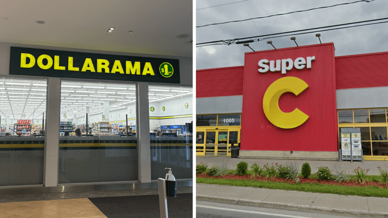 Devanture du Dollarama. Droite : Devanture du Super C.