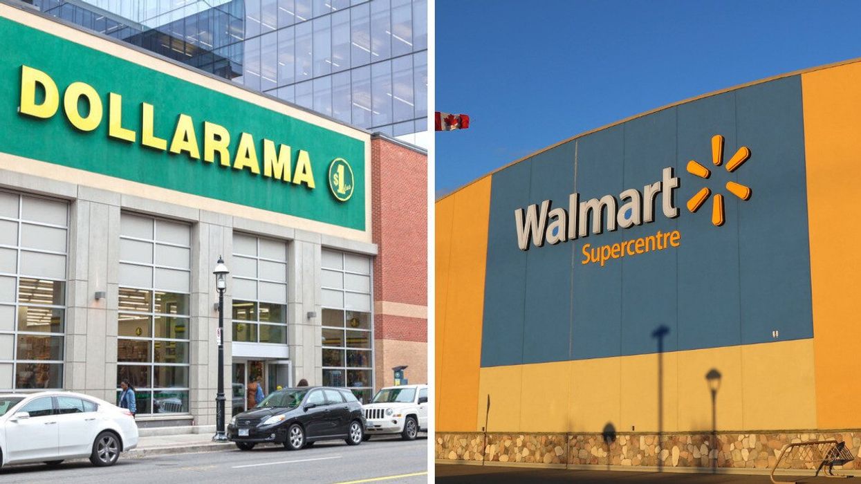 Devanture du Dollarama. Droite : Devanture du Walmart.